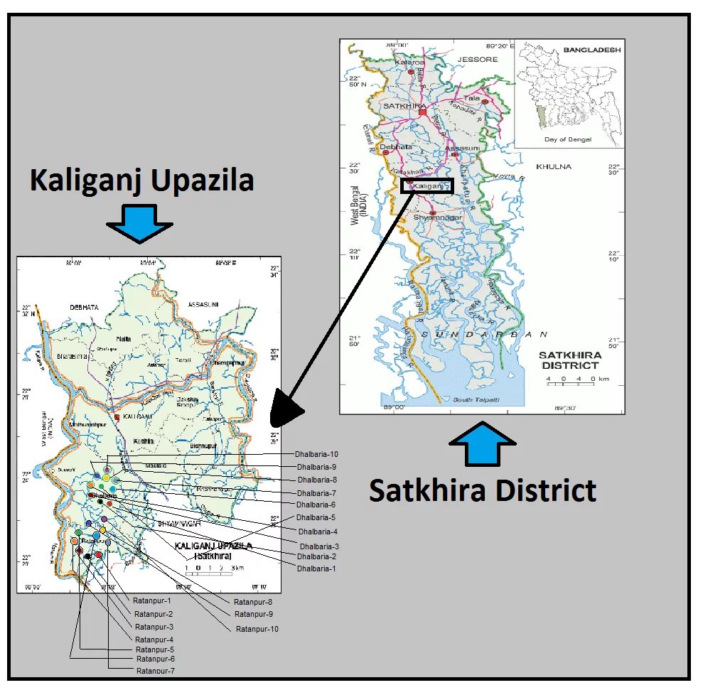 General map of Kaligonj Upazila of Satkhiradistrict showing the sample sites (inset: Map of Bangladesh)